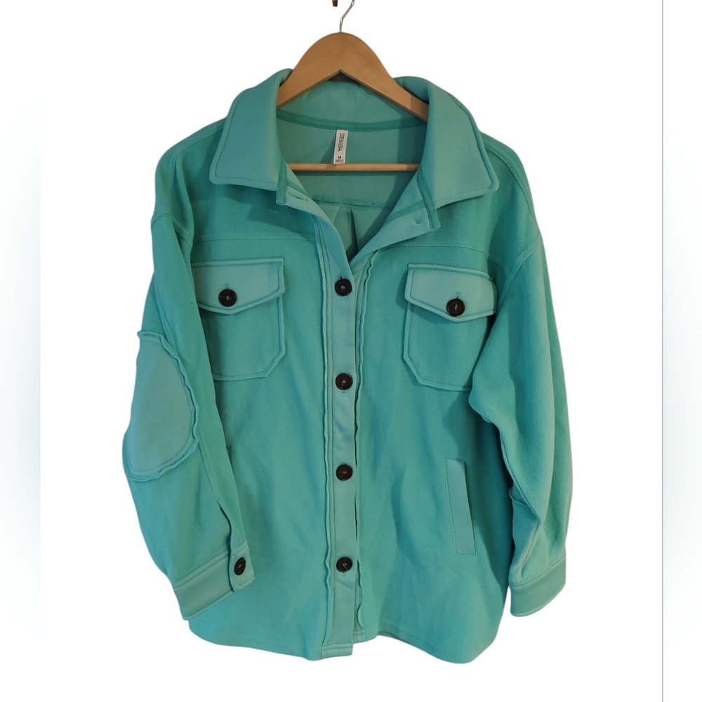 Zenana Dusty Teal Oversized Fleece Shacket with Elbow Patches Size Medium